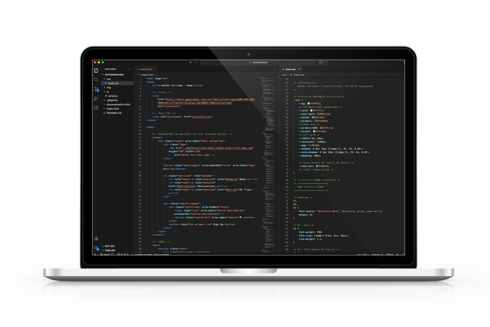 Aether Airlines website code mock up